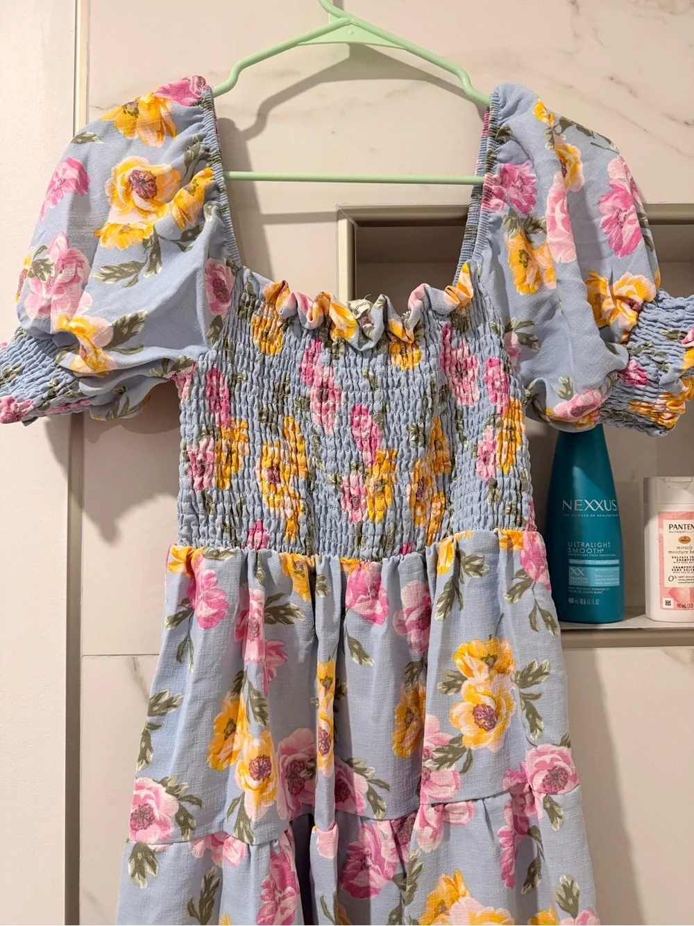 Girls Blue Floral Puff-Sleeve Dress